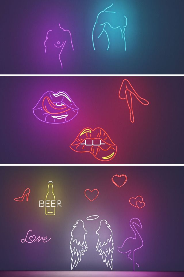 three neon signs with different shapes and colors