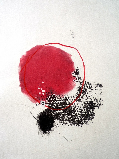 an abstract painting with black and red colors on white paper in the middle of it