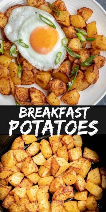 breakfast potatoes with an egg on top and the words breakfast potatoes above it in white letters