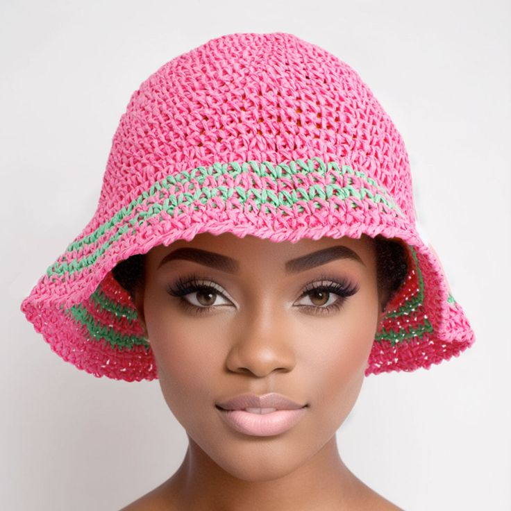 Women's Straw Bucket Hat Vintage Style Sorority AKA Deep Pink with Two Green Stripes Summer Sun Hat. Floppy Brim. Hat measures 9.25" long when laid flat. Brim measures 2". One Size. 100% Paper Raffia. Straw Bucket Hat, Arm Bracelets, Go Pink, Bridal Gloves, Summer Sun Hat, Head Chain, Wrist Wear, Wedding Belts, Summer Scarves