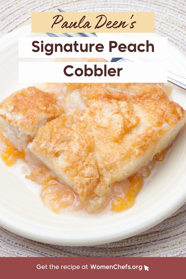 A serving of Paula Deen's Signature Peach Cobbler on a white plate. Paula Deen's Peach Cobbler Recipe, Paula Deen Peach Cobbler, Paula Deen Peach Cobbler Recipe, Paula Deen Bread Pudding, Can Peach Cobbler, Dutch Oven Peach Cobbler, Good Peach Cobbler Recipe, Best Peach Cobbler, Southern Peach Cobbler