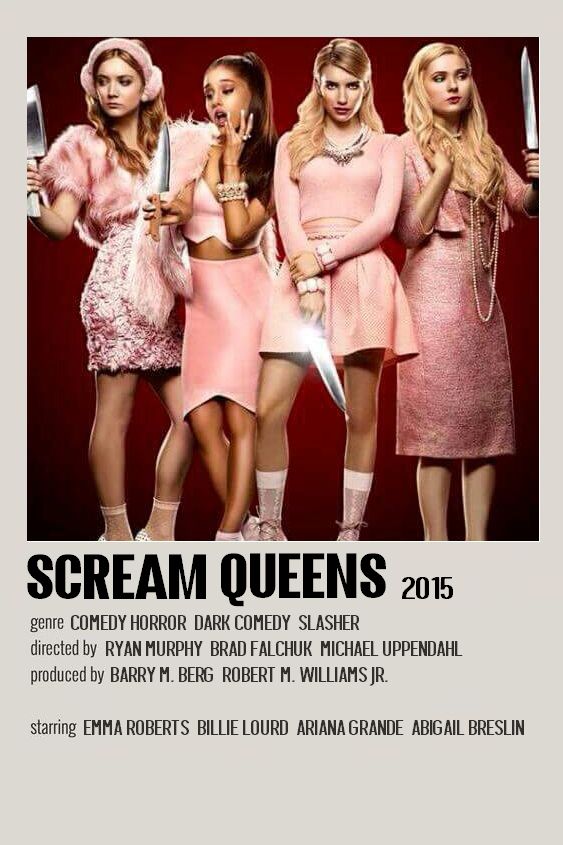 the poster for scream queens shows four women in pink dresses holding knives and wearing short skirts