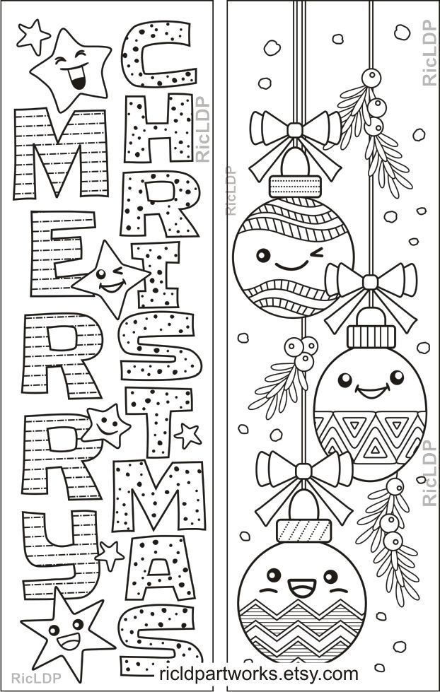 two christmas bookmarks with the words merry and ornaments hanging from each other, in black and white