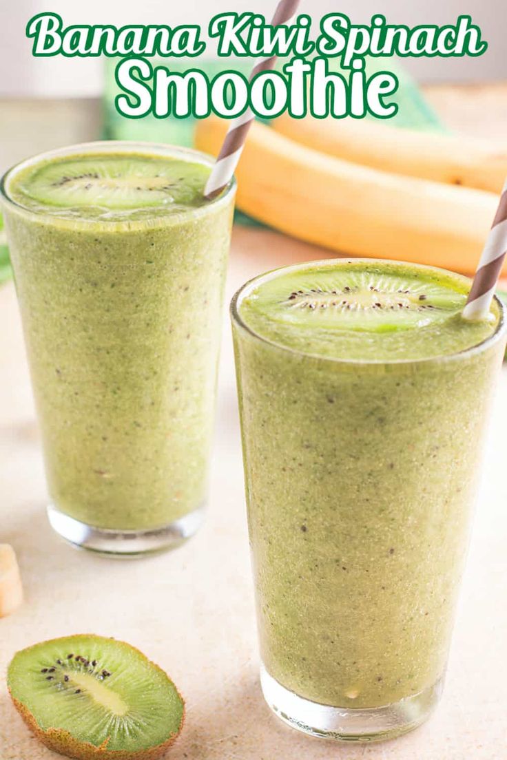 two glasses filled with banana kiwi spinach smoothie on top of a table