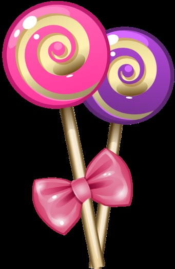 two colorful lollipops with a bow on the top, one pink and one purple