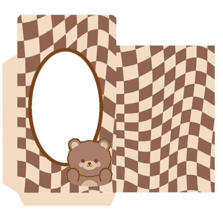 a brown teddy bear sitting in front of a checkered background with an oval frame