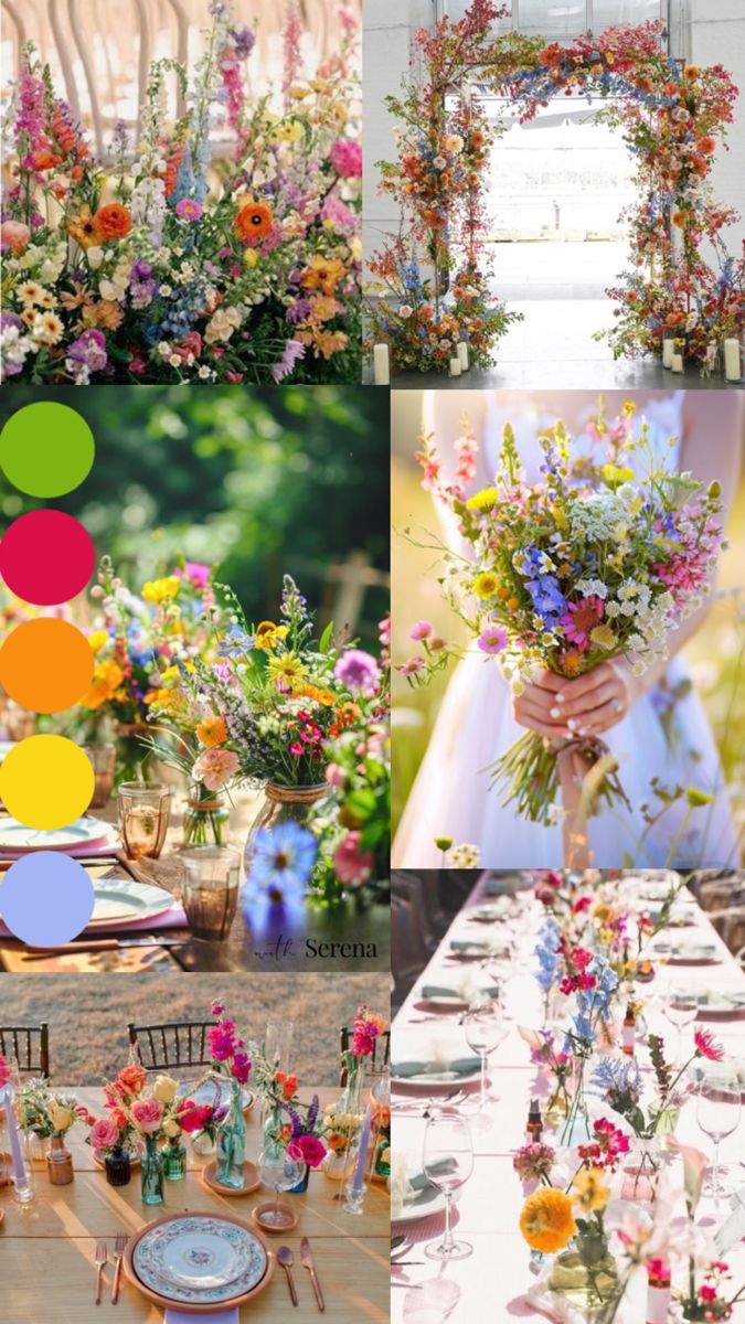 a collage of photos with flowers and plates