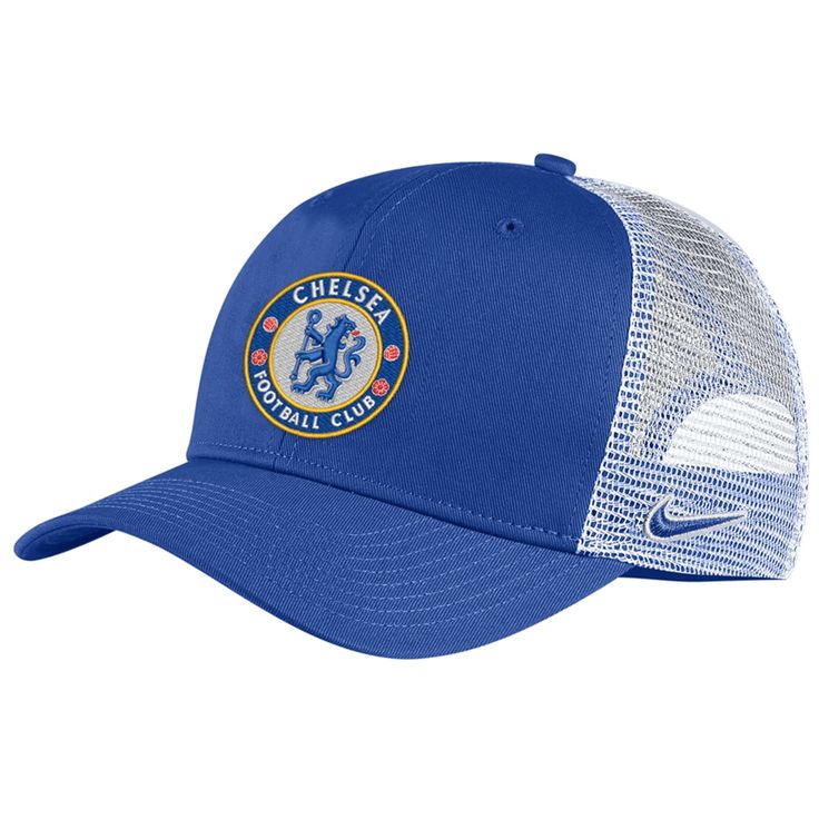 Nike Chelsea Class 99 Trucker Cap (Front) Breathable Mesh Snapback Trucker Hat, Mesh Trucker Hat With Breathable Mesh, Mesh Snapback Cap With Mesh Back, Sports Trucker Snapback Hat With Breathable Mesh, Breathable Mesh Baseball Trucker Hat, Trucker Snapback Hat With Breathable Mesh For Sports, Breathable Mesh Trucker Baseball Cap, Mesh Back Baseball Cap, Nike Sporty Adjustable Trucker Hat