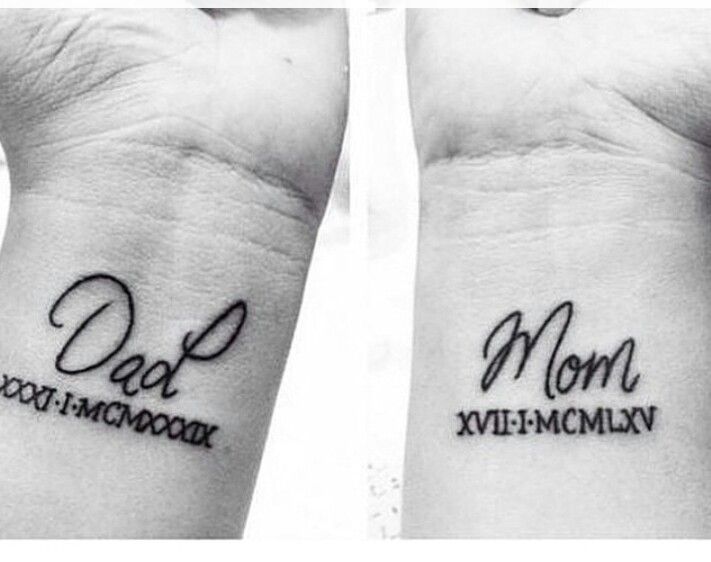 two wrist tattoos with the words dad and mom written on each one side of them