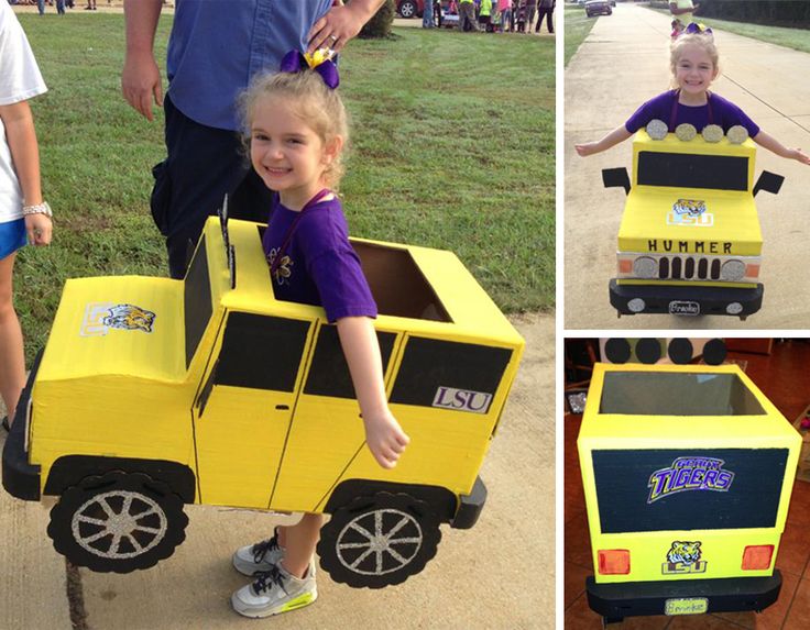 three pictures of children in costumes made to look like school bus