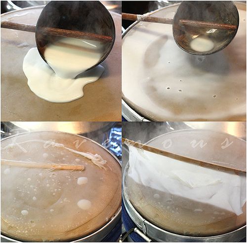 four pictures showing how to make batter in a pot with a spatula and wooden spoon