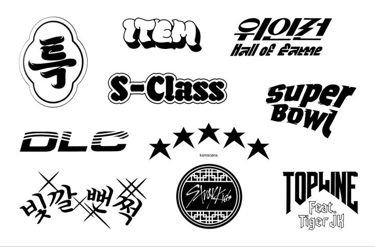 various logos and stickers are shown in black and white, including one with the word's name on it