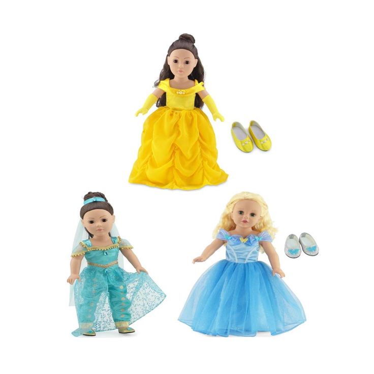 three dolls dressed in princess dresses and shoes