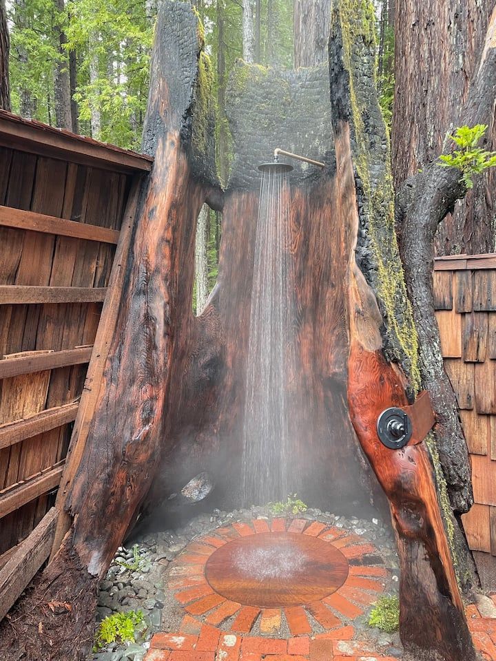 a fire hydrant spewing out water into the air next to a tree stump