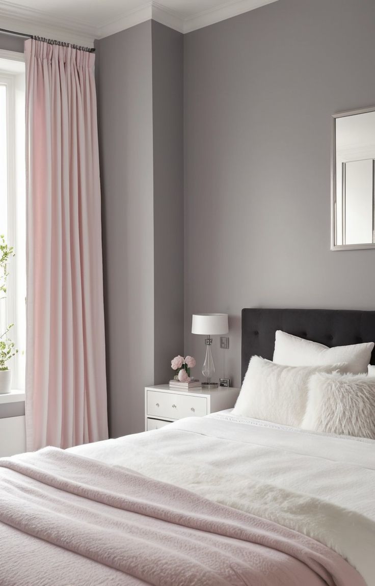 a white bed sitting next to a window with pink curtains and pillows on top of it