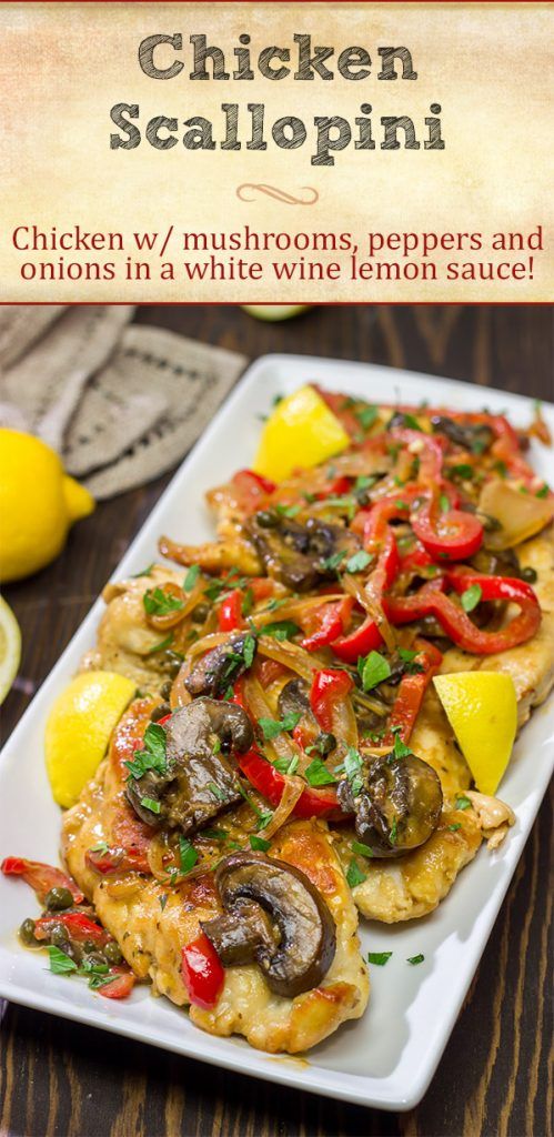 chicken with mushrooms, peppers and lemon sauce on a white plate