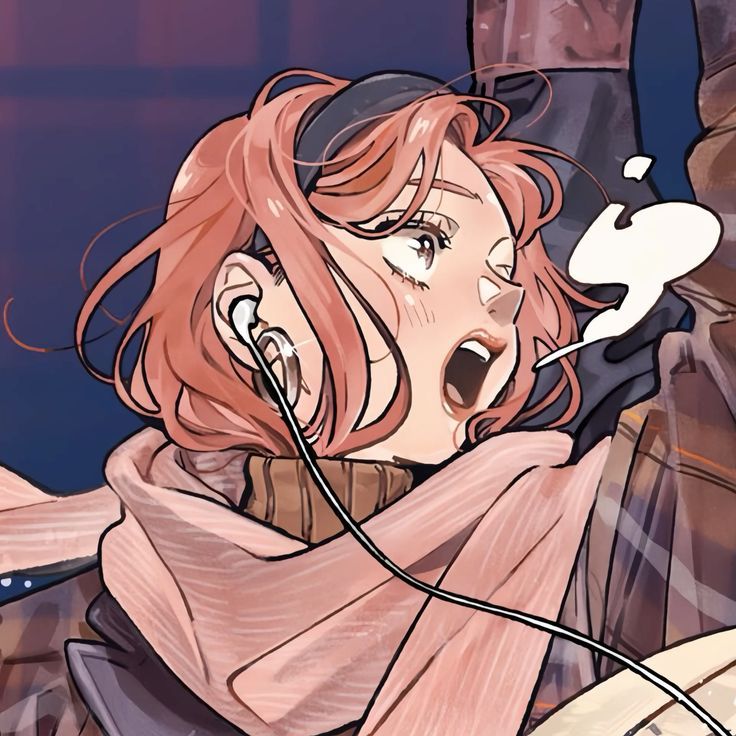 an anime character with red hair is talking on the phone and holding her headphones to her ear