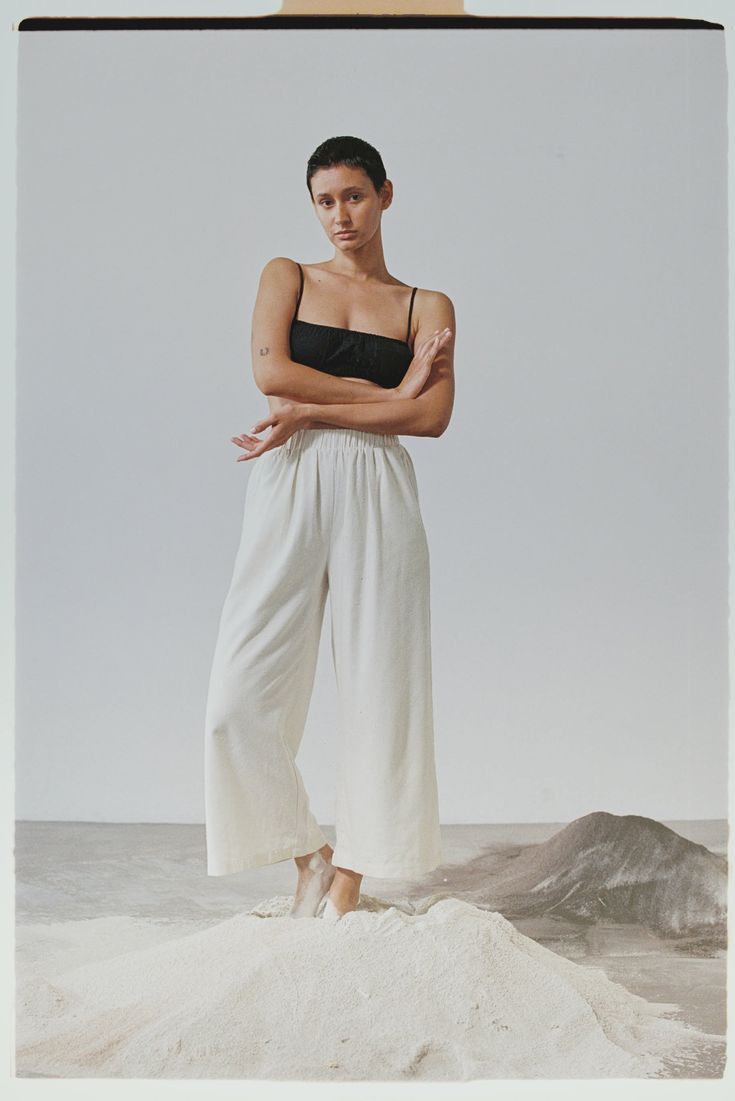 Crop Wide Leg, Regen Silk Noil, Natural | OZMA Relaxed Fit Bottoms With Gathered Waist, Chic Linen Wide Leg Pants With Pull-on Style, Effortless Wide Leg Bottoms With Elastic Waistband, Elegant Bottoms With Gathered Waist For Daywear, Chic Wide Leg Pants With Elastic Waistband For Daywear, Gathered Waist Wide Leg Bottoms, Effortless Wide Leg Pants With Elastic Waistband, Effortless Daywear Bottoms With Elastic Waistband, Effortless Bottoms With Elastic Waistband For Daywear