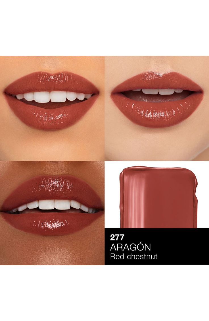 What it is: A color-meets-care lipstick with dimensional shine and 8-hour hydration.What it does: Outshine the rest with a color-meets-care hybrid lip formula that delivers dimensional shine, nourishing benefits, and long-lasting wear with every swipe. Lustrous color cocoons lips in comfort and glides on with a lightweight, nonsticky sheen that gives lips a fuller-looking appearance. The formula features a blend of antioxidants to help protect lips, plus mango and shea butter to smooth dryness a Soft Autumn Lip Color, Sheer Red Lipstick, Brown Nude Lipstick, Red Brown Lipstick, Soft Autumn Makeup, Warm Makeup, Budget Makeup, Autumn Makeup, Nars Lip