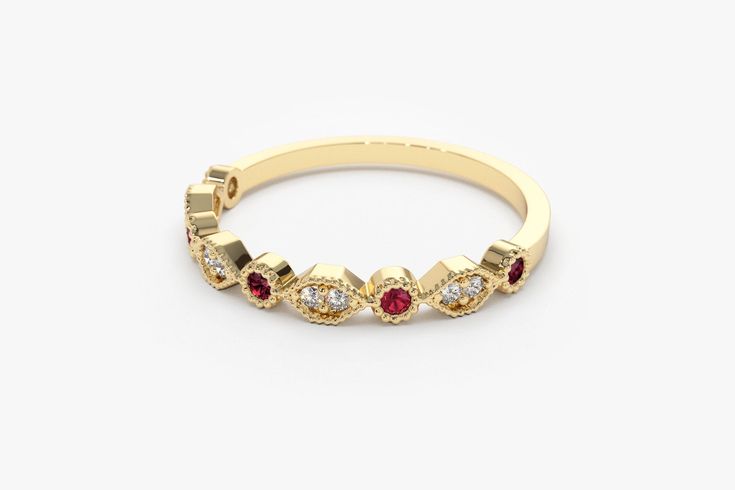 "14k Gold Art Deco Ruby and Diamond Half Eternity Womens Wedding Ring / Stackable Ruby Diamond Ring / July Birthstone Ring Ferkos Fine Jewelry Item Details ✔ Made to Order ✔ Gold Kt: 14K (also available in 18K) ✔ Available Gold Color: Rose Gold, Yellow Gold, White Gold ✔ Round Diamond: 8 pcs 1.25 MM ✔ Round Ruby: 5 pcs 1.85 MM ✔ Number of Stones: 13 ✔ Total Diamond ctw: 0.08 Ctw ✔ Total Ruby ctw: 0.15 Ctw ✔ Diamond Color-Clarity: G Color SI Clarity ✔ Width of Band: 1.4MM ✔ Ready to Ship in 7-10 Womens Wedding Ring, July Birthstone Ring, Ruby Diamond Ring, Stackable Rings Wedding, Ruby Diamond Rings, Gold Art Deco, July Birthstone, Platinum Ring, Ruby Diamond