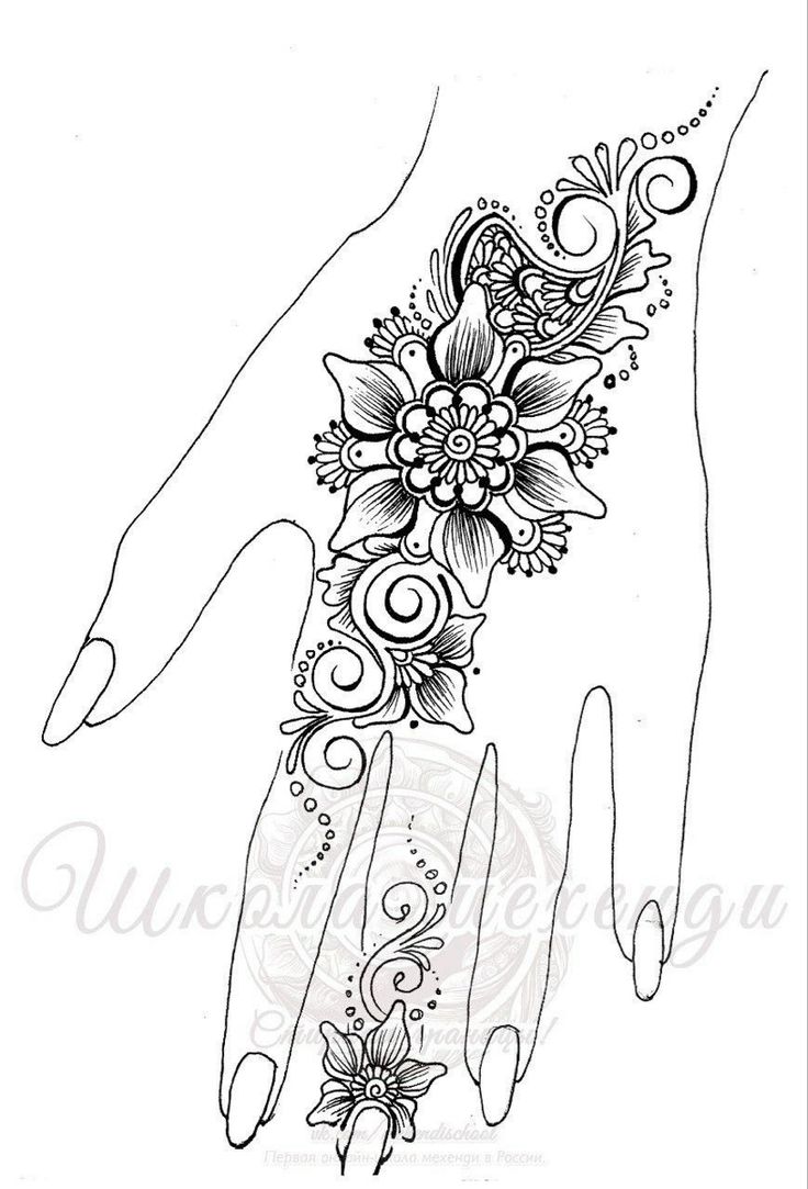 a woman's hand with flowers and swirls on it, drawn in black ink