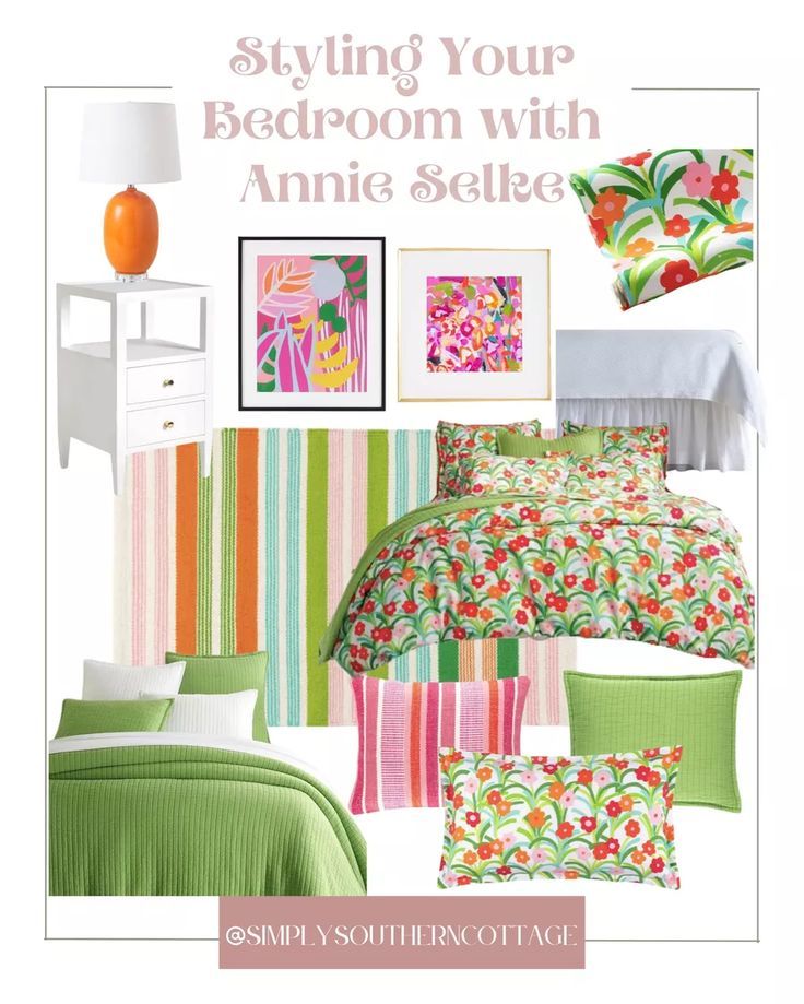 an advertisement for a bed room with colorful pillows and blankets on the bed, along with pictures