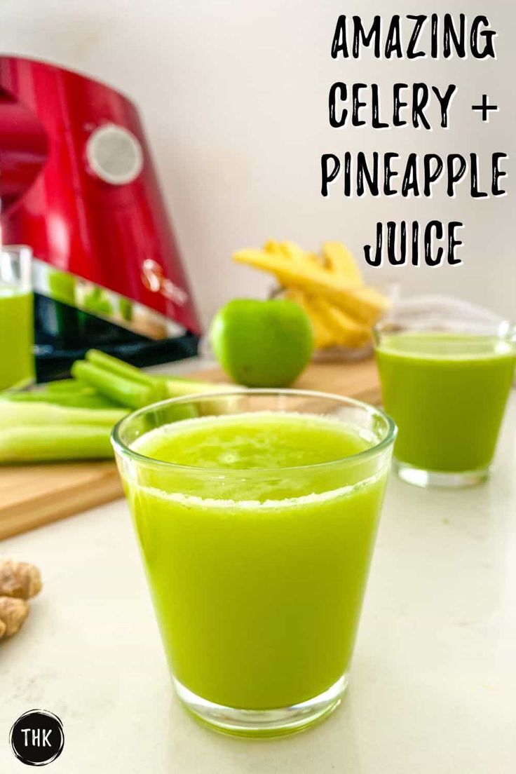 two glasses filled with celery and pineapple juice on top of a counter