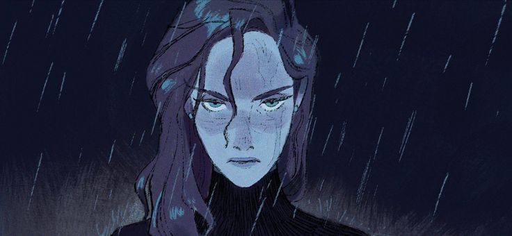 a woman with long hair and blue eyes standing in the rain, staring into the distance