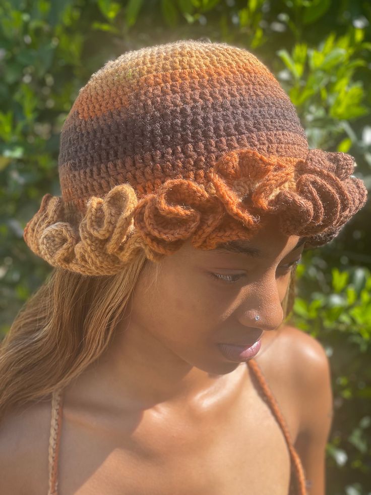 Beautiful Shades of Brown with Ruffles🙂 Brown Crochet Hat For Spring, One Size, Brown Crochet Hat For Spring, One Size Fits Most, Spring Brown Crochet Hat One Size, Spring One Size Brown Crochet Hat, Summer Brimmed Hat With Ruffles, Summer Ruffled Bucket Hat, Summer Wide Brim Hat With Ruffles, Spring Fitted Hats With Ruffles, Fitted Ruffled Hats For Spring