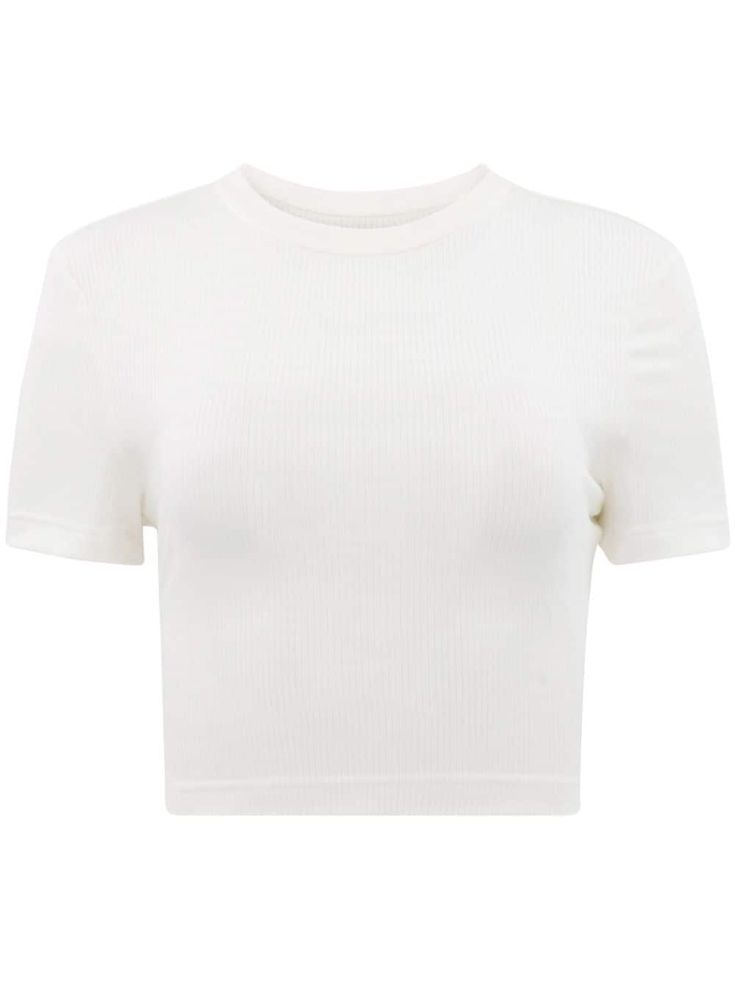 white TENCEL™ blend fine ribbed crew neck short sleeves straight hem cropped Basic Solid Cropped T-shirt With Ribbed Detail, Ribbed Short Sleeve Cropped T-shirt, Ribbed Short Sleeve Crop Top For Spring, Summer Cropped Ribbed T-shirt, Basic Ribbed Crew Neck Crop Top, White Fitted Cropped Shirt With Crew Neck, Ribbed Cropped Short Sleeve T-shirt, Ribbed Crew Neck Cropped T-shirt For Spring, Basic Ribbed Cropped T-shirt With Crew Neck