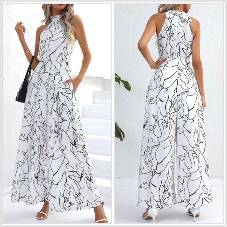 Elegant Plicated Wide Leg Jumpsuit 97% Polyester, 3% Elastane Non-Stretch Regular Fit Tie Back White Fitted Jumpsuits And Rompers For Spring, Chic White Non-stretch Jumpsuits And Rompers, Elegant Overall Jumpsuits And Rompers For Vacation, Elegant Vacation Jumpsuits And Rompers In Overall Shape, Elegant Jumpsuits And Rompers For Vacation, Elegant Vacation Overalls And Rompers, Elegant Sleeveless Jumpsuits And Rompers For Vacation, Elegant Sleeveless Jumpsuits For Vacation, Chic Printed Jumpsuits And Rompers For Party