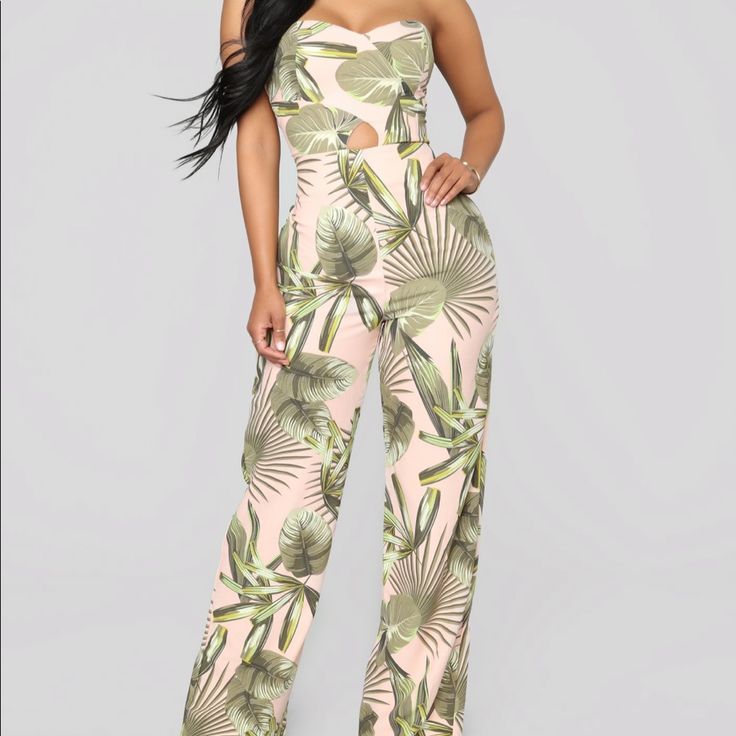 “Tropical Like It’s Hot” Fashion Nova Jumpsuit Casual Pink High-waist Jumpsuits And Rompers, Casual High Waist Pink Jumpsuits And Rompers, Trendy High Waist Pink Jumpsuits And Rompers, Fitted Pink Jumpsuits And Rompers For Vacation, Fashion Nova Jumpsuit, Hot Jumpsuits, Strapless Sweetheart Neckline, Painted Jeans, Fashion Nova Pants