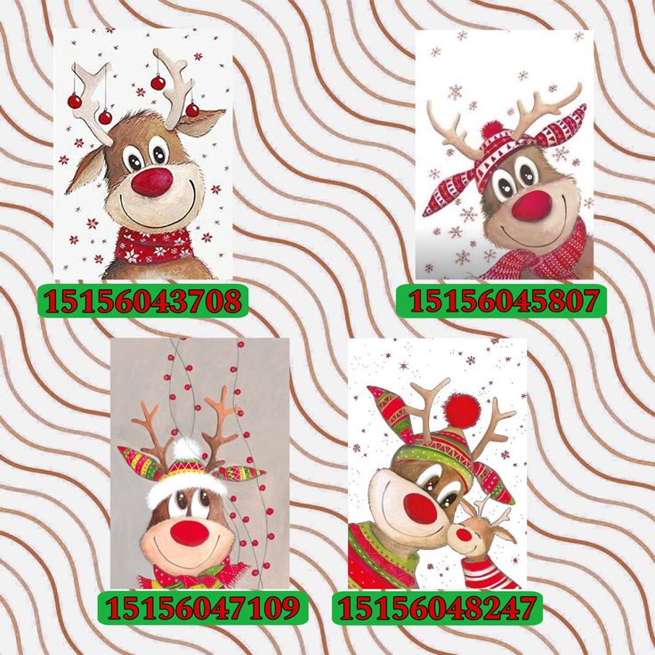 four christmas cards with reindeers wearing hats and scarves