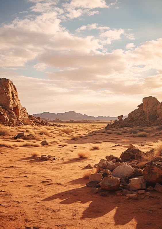 the shadow of a person standing in front of some rocks and dirt with mountains in the background