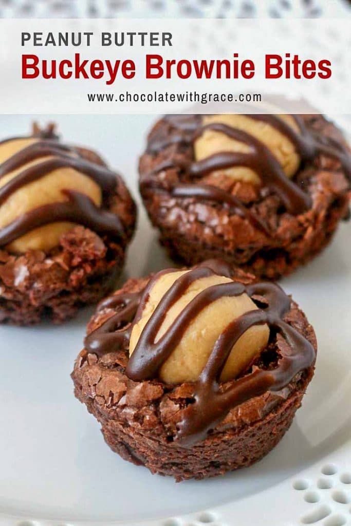 three chocolate peanut butter buckeye brownie bites on a white plate with text overlay