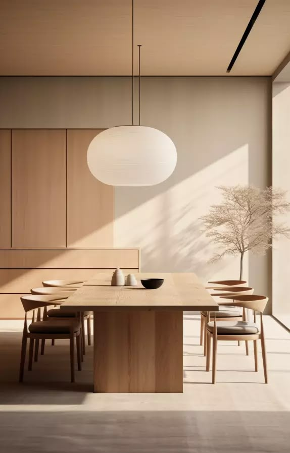 a modern dining room with wooden furniture and white walls, an oval light fixture hangs over the table