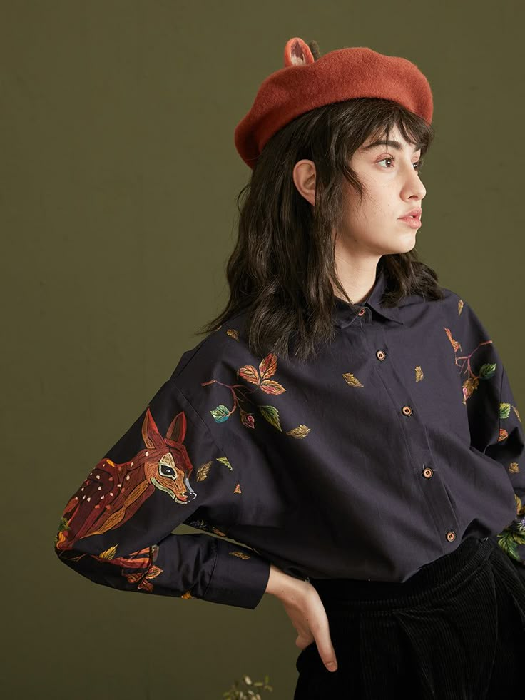 Enchanted Forest Deer Embroidered Blouse - chiclara Davao, Cotton Long Sleeve Shirt, Spring Women, Street Wear Urban, 가을 패션, In The Forest, Embroidered Blouse, The Forest, Black Cotton