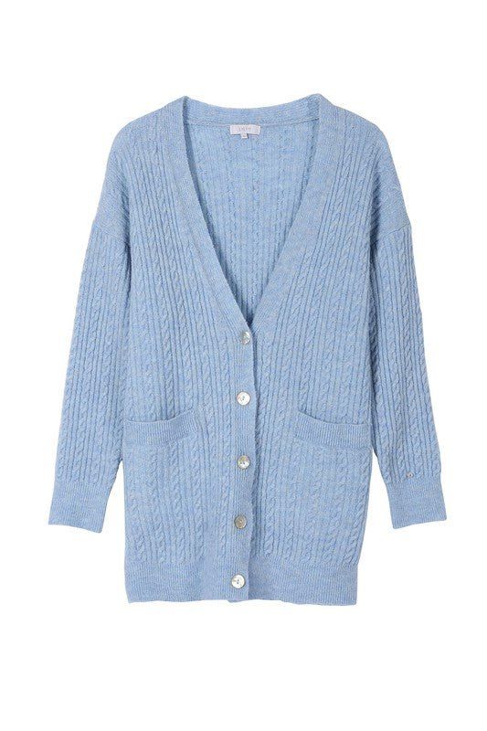 Light blue wool blend cable knitted cardigan with long sleeves and front button down closure. Cardigan is made with very soft, cozy fabric with great stretch. Model is 5' 9" and wearing size small Light Blue Cardigan, Knit Cardigan Pattern, Cable Pattern, Blue Cardigan, Cable Knit Cardigan, Winter Blues, Cardigan Pattern, Knitted Cardigan, Sweater Making