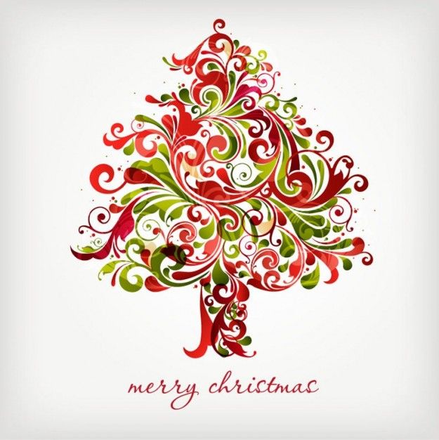 a merry christmas tree with swirls and stars on the bottom, in red and green