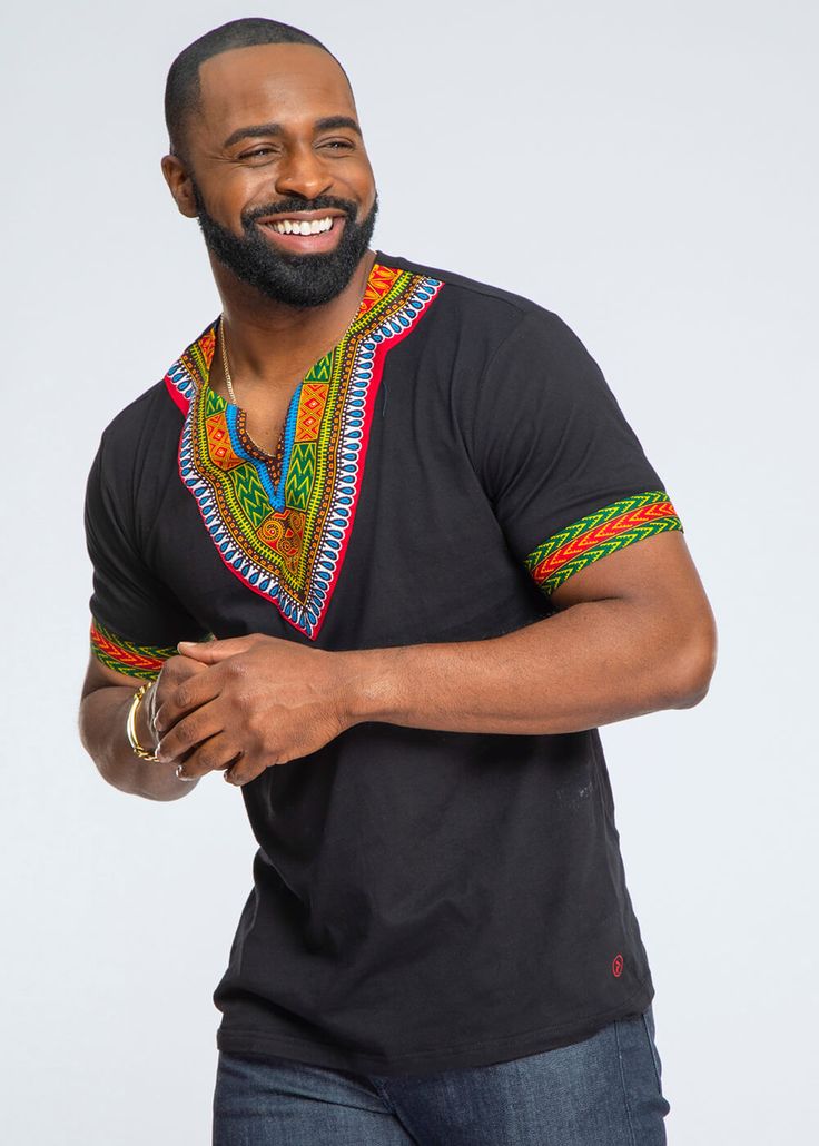 Men's African Print Dashiki T-Shirt Black is comfortable and stylish. Show off your unique style with this cool statement piece. Dashiki For Men, African Dashiki, African Inspired Fashion, African Wax Print, African Inspired, African Attire, Womens Size Chart, Sleeve Detail, Perfect Shirt