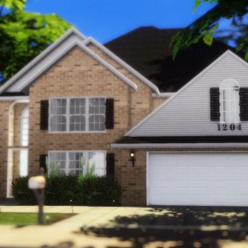 a house with two garages in front of it and trees on the other side