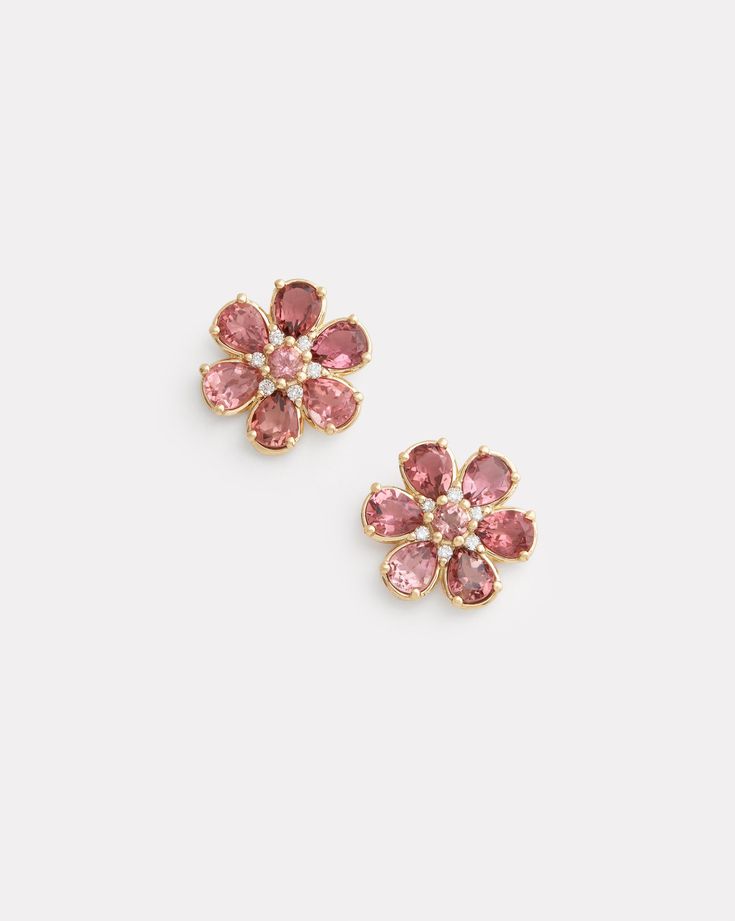 18K Yellow Floral Stud Earring with Pink Tourmaline and Diamonds, .12 TCW5/8 Inch Diameter Style# YESFPTW Gold Pink Earrings, Pink Jewerly, Pink Tourmaline Jewelry, Pink Flower Earrings, Love Earrings, Pink Studs, Tourmaline Earrings, Floral Studs, Gem Earrings