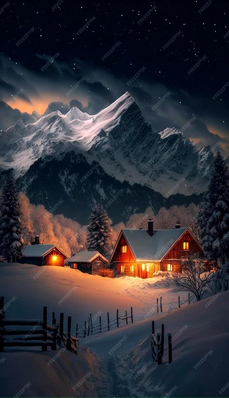 a cabin in the mountains at night with snow on the ground and stars above it