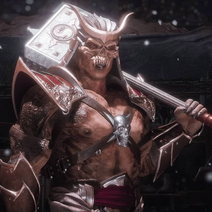 a demonic looking man holding two swords in his hands and wearing armor with horns on it