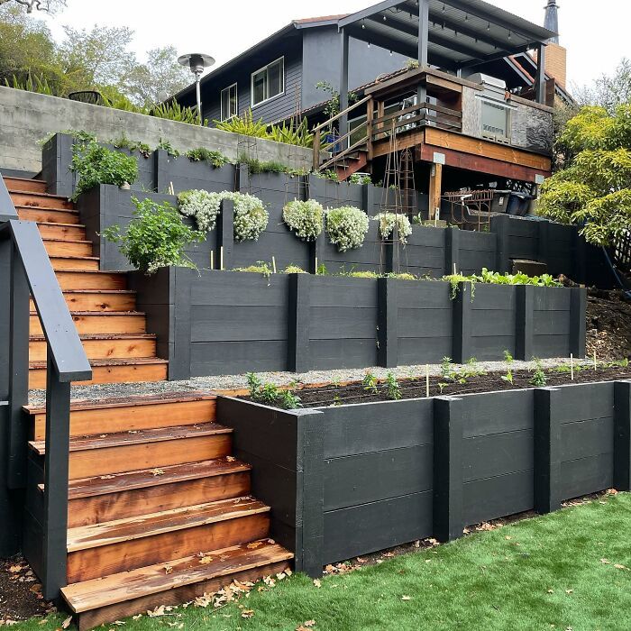 an outdoor garden with wooden steps and plants growing on the side of the house's roof