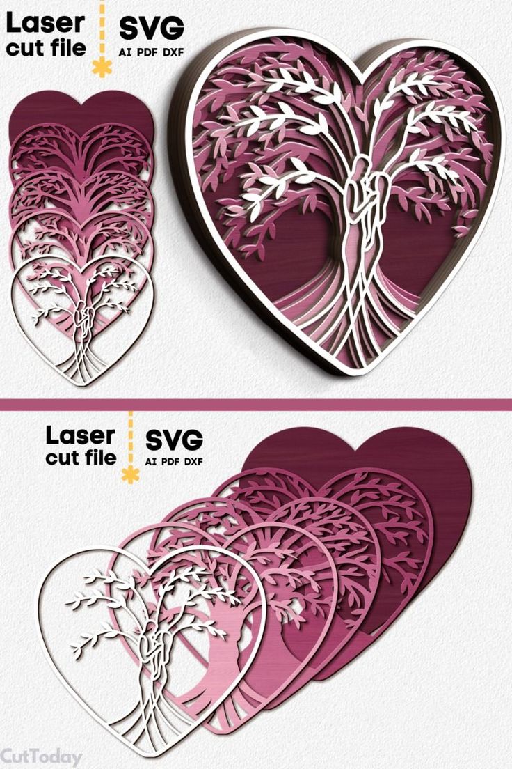 laser cut heart with tree silhouettes on it and the text laser cut files below