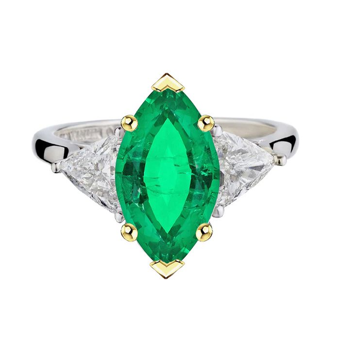 METAL SPECIFICATIONS Two Tone Gold 14K STONE SPECIFICATIONS Stone Name : Green Emerald and Diamond Stone Cut : Marquise and Trilliant Cut Stone Details : There is one marquise cut green emerald stone in the center approx. 3 carats (Approx. Size 11.5 x 8 mm) and two trilliant cut diamonds approx. 0.75 carats each (Approx. Size 5.5 x 5.5 x 5.5 mm) on the sides. Crafted with natural earth mined stones. Color : Green/F Clarity : VS1 Quality : AAA Total : Approx. 4.50 Carats RING SPECIFICATIONS Size : 6.5 (Can ship in any size) Appraised Value : $21,393.00 Comes with Certificate Trillion Diamonds, Emerald Cut Diamond Ring, Platinum Diamond Rings, Emerald Diamond Ring, Three Stone Diamond, Diamond Ring Settings, 18k Yellow Gold Ring, Naha, Three Stone Engagement Rings