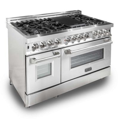 an oven with four burners and two doors on the front is shown in stainless steel