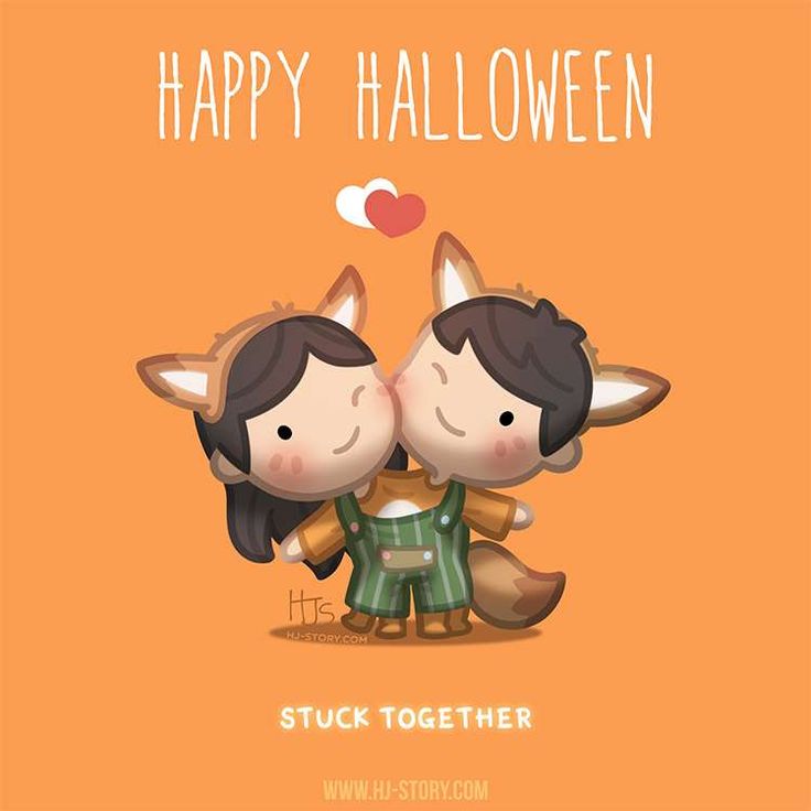 two cute foxes hugging each other with the words happy halloween written above them on an orange background