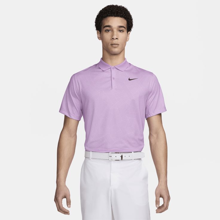 Feel your best whenever you hit the course with our relaxed fit Victory+ polo. This golf staple is crafted with stretchy, breathable fabric that helps keep the sweat off—no matter how many rounds you plan to play. Inspired by the textures we see on the course, the print takes inspiration from the rake lines found in sand traps. Pink Moisture-wicking Golf Top, Sporty Breathable Polo Shirt For Golf, Go-dry Sports Polo Shirt, Sporty Nike Tops For Golf, Go-dry Cotton Polo Shirt For Sports, Fitted Pink Sporty Polo Shirt, Cotton Go-dry Polo Shirt For Sports, Sports Polo Shirt With Go-dry Technology, Casual Polo Shirt For Golf Sports Season